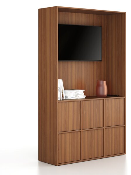 Kancelářská skříň FRAME, 6x dveře, prostor pro TV, 1299 x 450 x 2162 mm, PUSH-lock, ořech