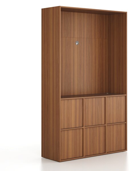 Kancelářská skříň FRAME, 6x dveře, prostor pro TV, 1299 x 450 x 2162 mm, PUSH-lock, ořech