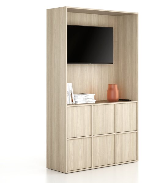 Kancelářská skříň FRAME, 6x dveře, prostor pro TV, 1299 x 450 x 2162 mm, PUSH-lock, dub přírodní