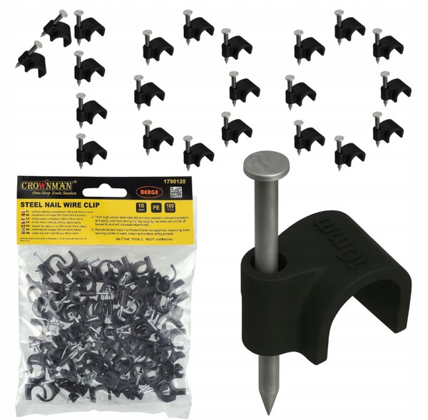 Držáky kabelů pro kabelové girlandy s hřebíkem 10 mm, 100 kusů, černé CROWNMAN