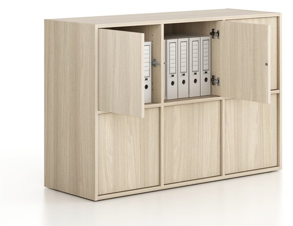 Kancelářská skříň FRAME, nízká, 6x dveře, 1299 x 450 x 881 mm, PUSH-lock, dub přírodní