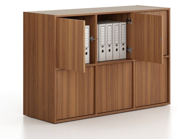 Kancelářská skříň FRAME, nízká, 6x dveře, 1299 x 450 x 881 mm, PUSH-lock, ořech