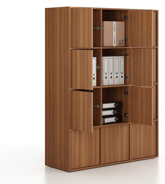 Kancelářská skříň FRAME, 12x dveře, 1299 x 450 x 1735 mm, PUSH-lock, ořech