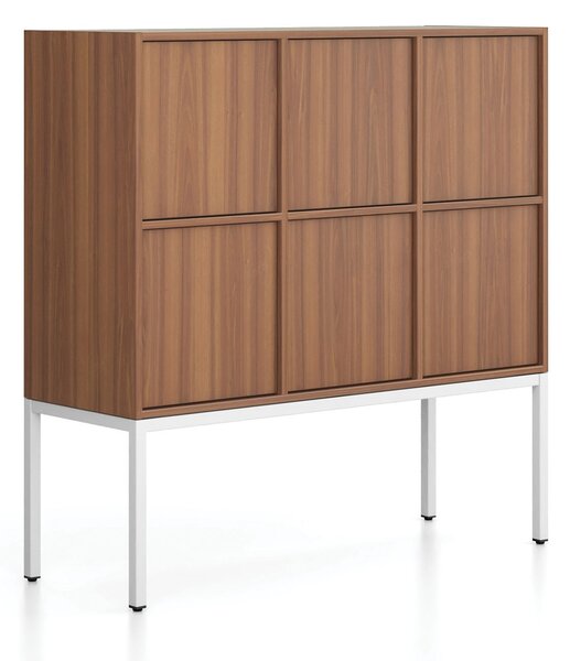 Kancelářská skříň FRAME, nízká, bílá podnož, 6x dveře, 1299 x 450 x 1331 mm, PUSH-lock, ořech