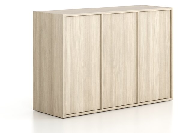 Kancelářská skříň FRAME, nízká, 3 dveře, 1299 x 450 x 881 mm, PUSH-lock, dub přírodní