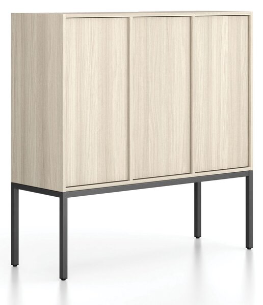 Kancelářská skříň FRAME, nízká, černá podnož, 3x dveře, 1299 x 450 x 1331 mm, PUSH-lock, dub přírodní