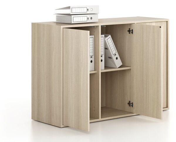 Kancelářská skříň FRAME, nízká, 3 dveře, 1299 x 450 x 881 mm, PUSH-lock, dub přírodní