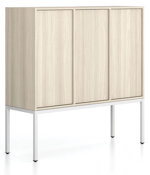 Kancelářská skříň FRAME, nízká, bílá podnož, 3x dveře, 1299 x 450 x 1331 mm, PUSH-lock, dub přírodní