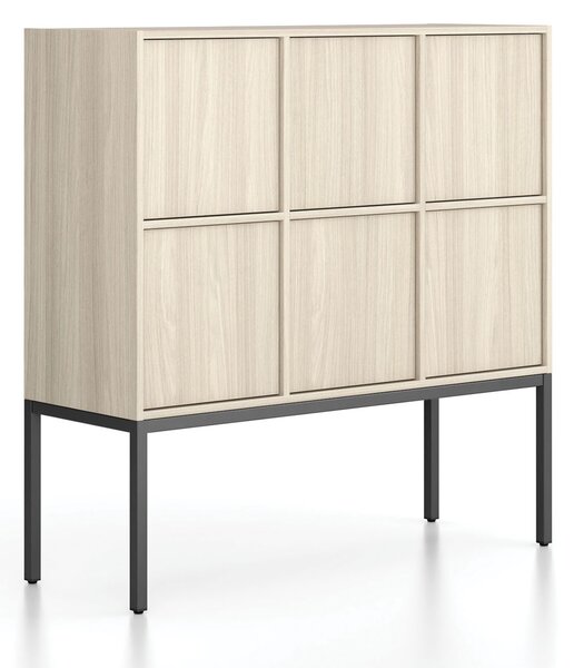 Kancelářská skříň FRAME, nízká, černá podnož, 6x dveře, 1299 x 450 x 1331 mm, PUSH-lock, dub přírodní