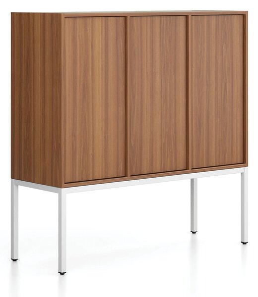Kancelářská skříň FRAME, nízká, bílá podnož, 3x dveře, 1299 x 450 x 1331 mm, PUSH-lock, ořech