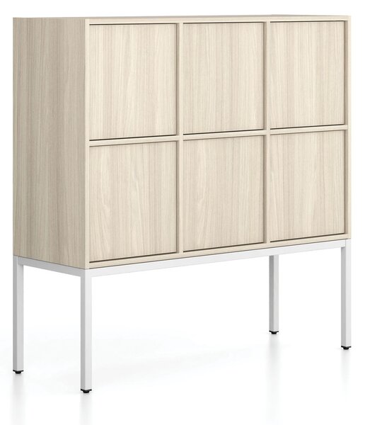 Kancelářská skříň FRAME, nízká, bílá podnož, 6x dveře, 1299 x 450 x 1331 mm, PUSH-lock, dub přírodní