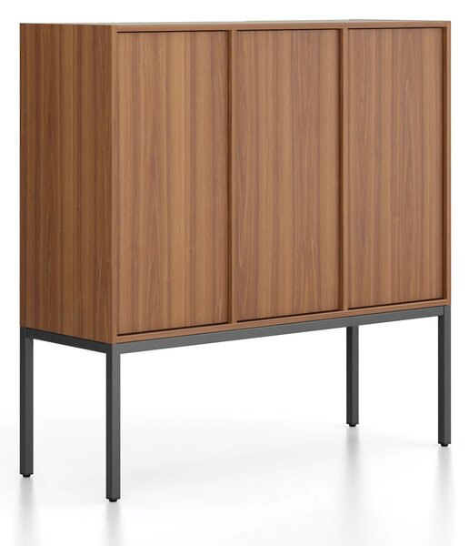 Kancelářská skříň FRAME, nízká, černá podnož, 3x dveře, 1299 x 450 x 1331 mm, PUSH-lock, ořech