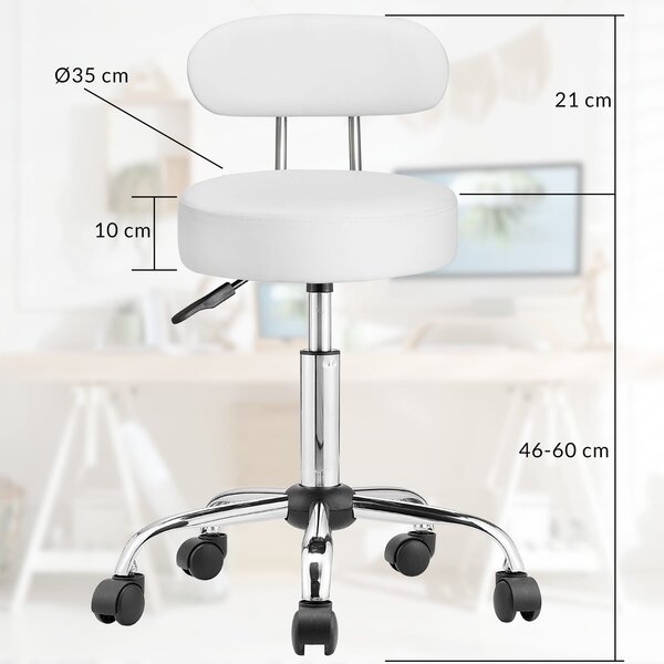 Taburetka na kolečkách s opěradlem ROLAND, Ø35cm, bílá Casaria
