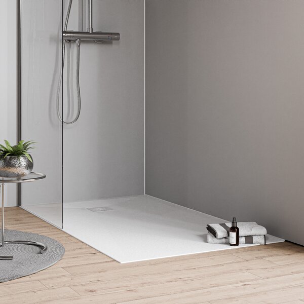Flat cast mineral shower tray VIREO - matt white stone effect - size selectable