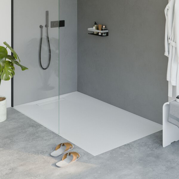 Flat cast mineral shower tray LAVOA - matt white stone effect - size selectable