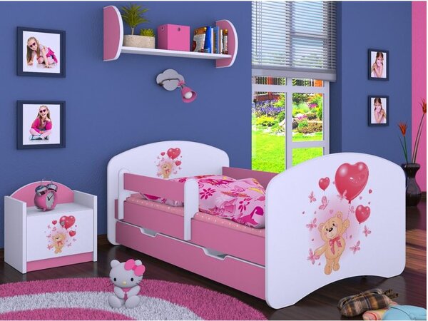 Dětská postel se šuplíkem 160x80cm MEDVÍDEK S BALONKY - růžová