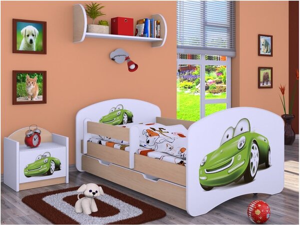 Dětská postel se šuplíkem 180x90cm ZELENÉ AUTO - světlá hruška