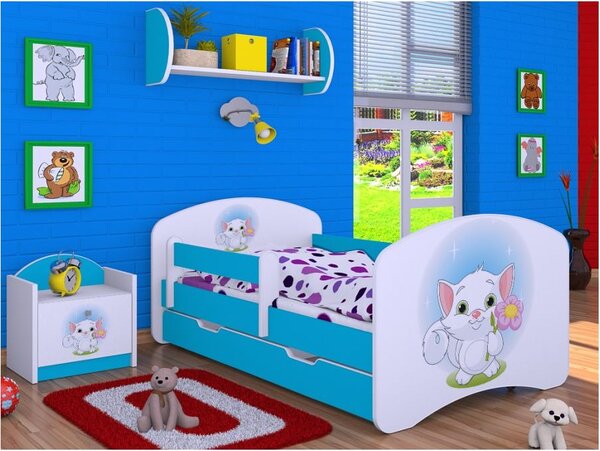 Dětská postel se šuplíkem 160x80cm KOČIČKA S KYTIČKOU - modrá