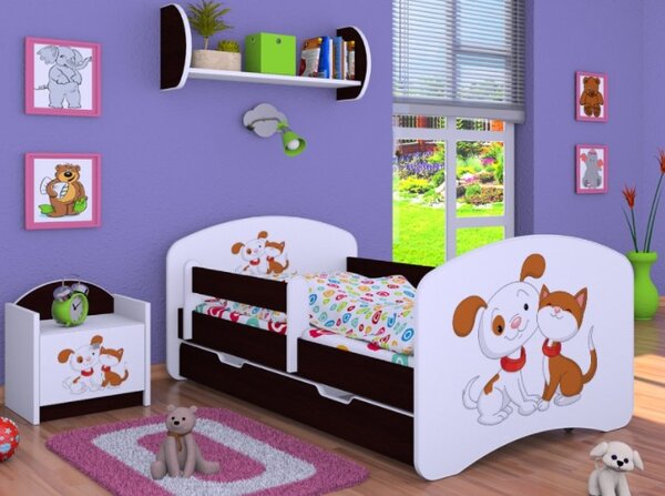 Dětská postel se šuplíkem 180x90cm PEJSEK A KOČIČKA - kaštan wenge