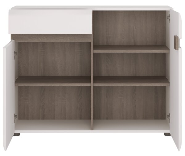 KONDELA Komoda, bílá extra vysoký lesk HG / dub sonoma truflový, LYNATET TYP 35