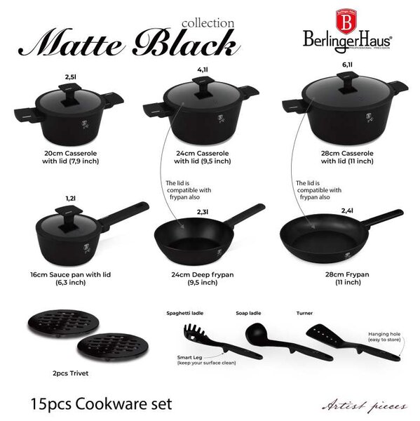 Sada nádobí s titanovým povrchem 15 ks Matte Black Collection