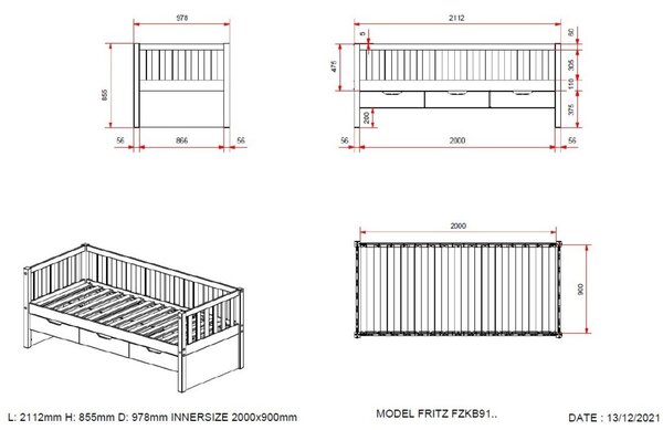 Borovicová postel Vipack Fritz 90 x 200 cm se zásuvkami