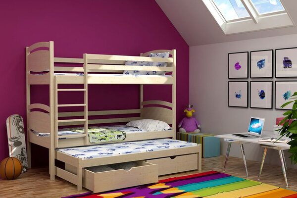 Dětská patrová postel s přistýlkou z MASIVU 180x80cm bez šuplíku - PPV003