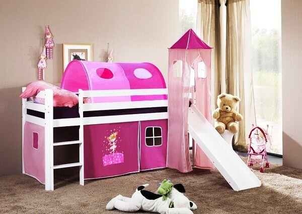 Dětská VYVÝŠENÁ postel se skluzavkou DOMEČEK růžový - BÍLÁ