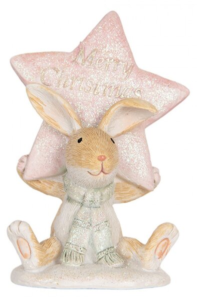 Pastelová vánoční dekorace zajíček s třpytivou šálou a hvězdou Merry Christmas – 8x5x11 cm