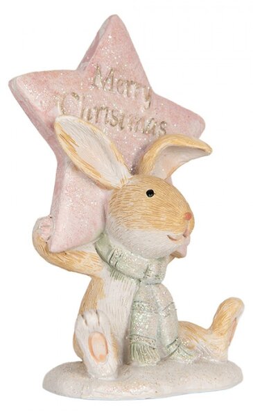 Pastelová vánoční dekorace zajíček s třpytivou šálou a hvězdou Merry Christmas – 8x5x11 cm
