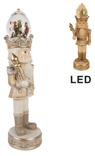 Béžová hrací vánoční dekorace Louskáček se sněžítkem na klobouku s LED osvětlením – 14x14x50 cm