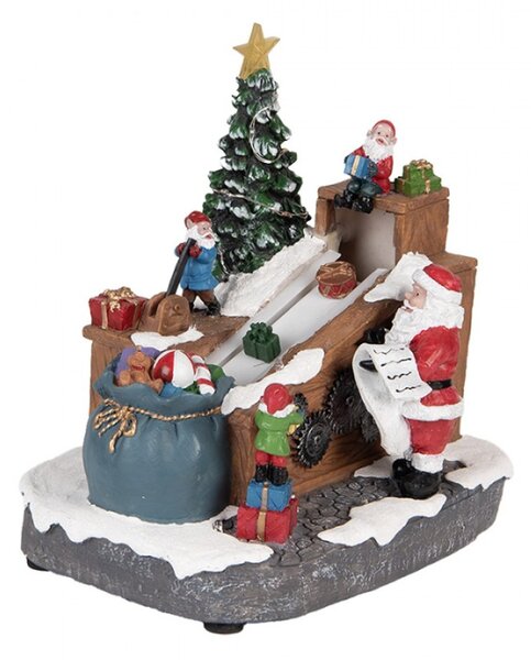 Vánoční hrací dekorace továrna Santa Clause na dárky s LED osvětlením – 20x16x20 cm