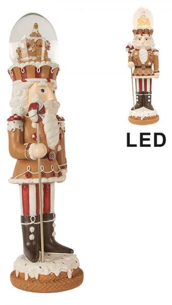 Hnědo-červená hrací vánoční dekorace Louskáček se sněžítkem na klobouku s LED osvětlením – 14x13x49 cm