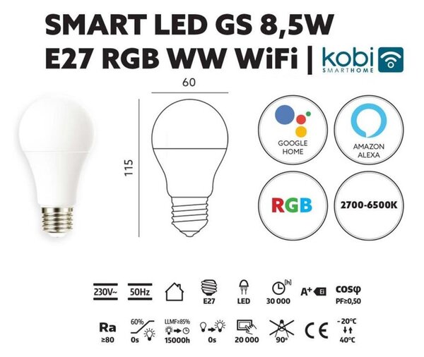 SMART LED ŽÁROVKA 8,5W E27 RGB WW WiFi