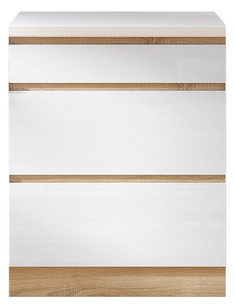 Skříňka dolní třízásuvková 60, bílý vysoký lesk HG, LINE WHITE