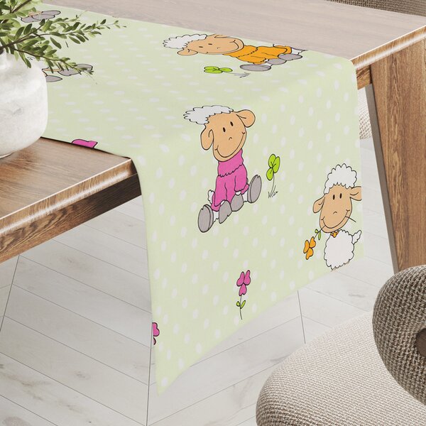 Biante Dětský bavlněný běhoun na stůl Sandra SA-729 Veselé ovečky na světle zeleném puntíkovaném 20x120 cm