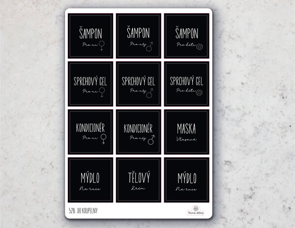 Samolepky na lahvičky do koupelny 65x65 mm 12ks Barva: Černá