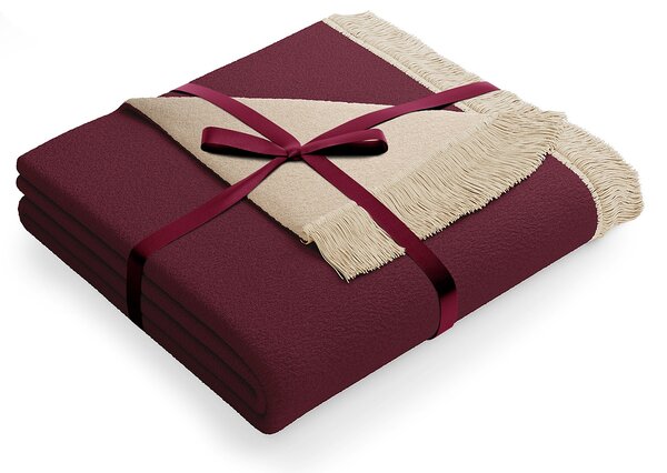 Oboustranná deka s třásněmi Měkký přehoz na postel 150x200 cm Béžovo - višňová SAMI