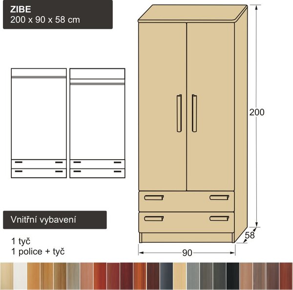 Dřevěná šatní skříň z masivu ZIBE 200x90x58 (skříň šatní z masivu ZIBE )