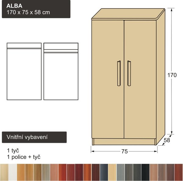 Dřevěná šatní skříň z masivu ALBA 170x75x58 (šatní skříň masiv ALBA 170 )