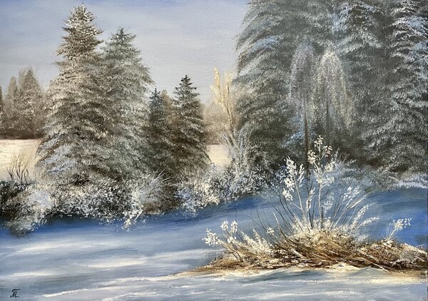 Ručně malovaný obraz od Tanja Frost - "Seria Zimní krajina - První sníh", rozměr: 70 x 50 cm
