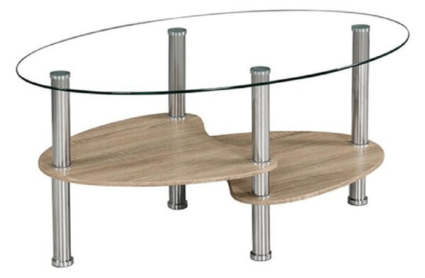 Oválný skleněný konferenční stolek se dvěma tvarovanýma odkládacíma deskama dekor dub TK203