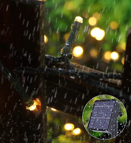 Solární vánoční řetěz, 10m, 100 LED, teplá bílá, 8 programů