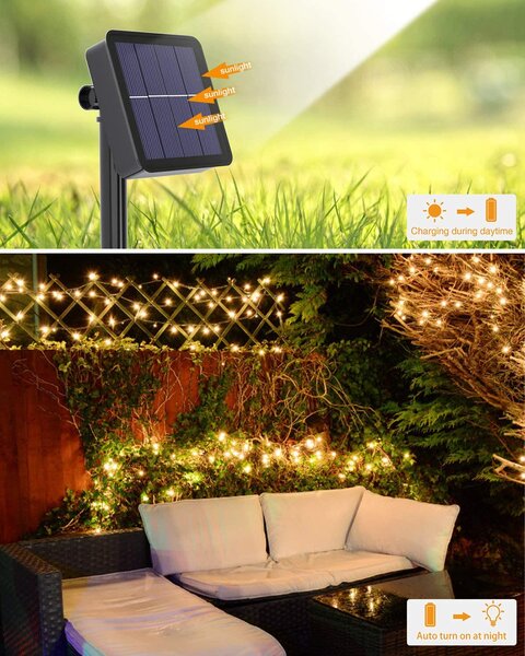 Solární vánoční řetěz, 10m, 100 LED, teplá bílá, 8 programů