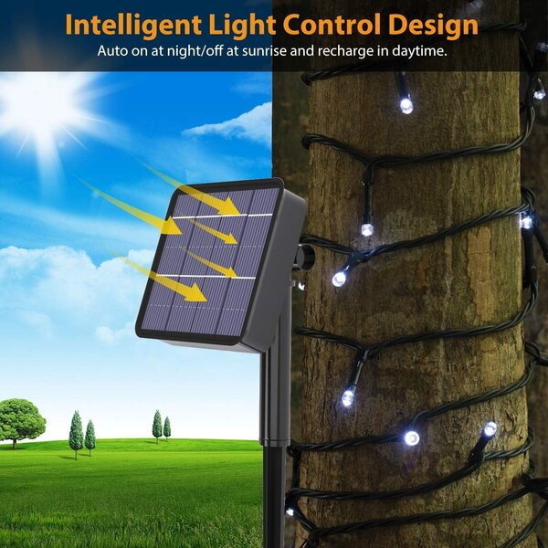 Solární vánoční řetěz, 10m, 100 LED, studená bílá, 8 programů
