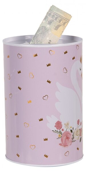 Růžová plechová kasička s motivem labutě a květin – 10x15 cm