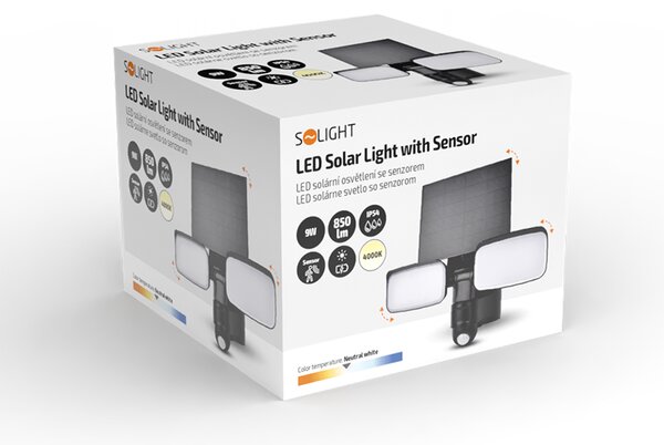 SOLIGHT LED solární osvětlení se senzorem 9W 850lm 4000K Li-Ion IP54