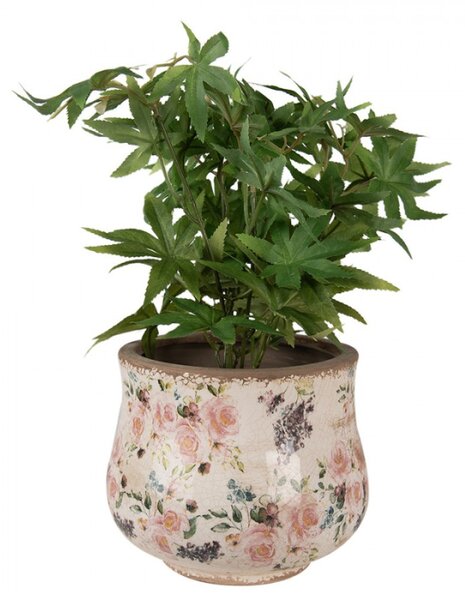 Béžový keramický obal na květináč s odřením a růžovými růžemi Ineke – 18x15 cm