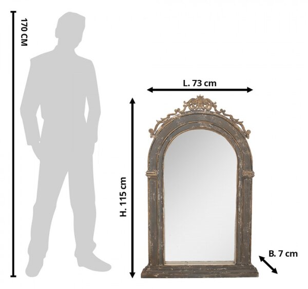 Obloukové zrcadlo v hnědém dřevěném rámu s odřením – 73x7x115 cm