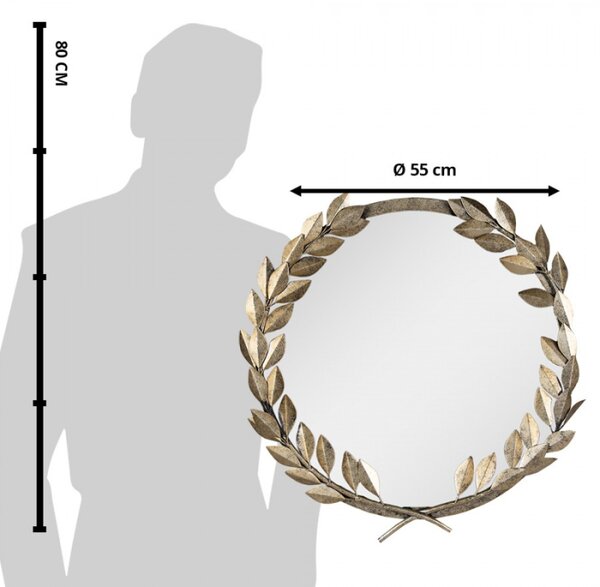 Zlaté kulaté zrcadlo v rámu ve tvaru vavřínového věnce – 55 cm